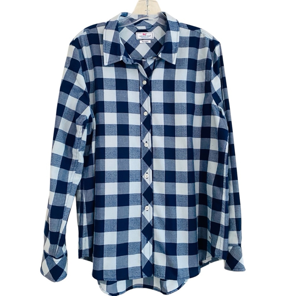 Vineyard Vines Plaid Shirt Flannel Blue Relaxed Buffalo Check Button-Up Sz 10